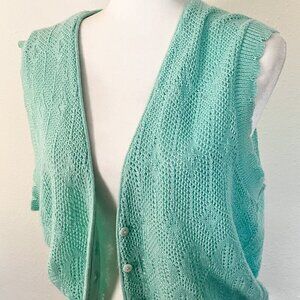 Vintage 80s Sweater Vest Light Teal Green Size Medium Cottagecore Granny Button